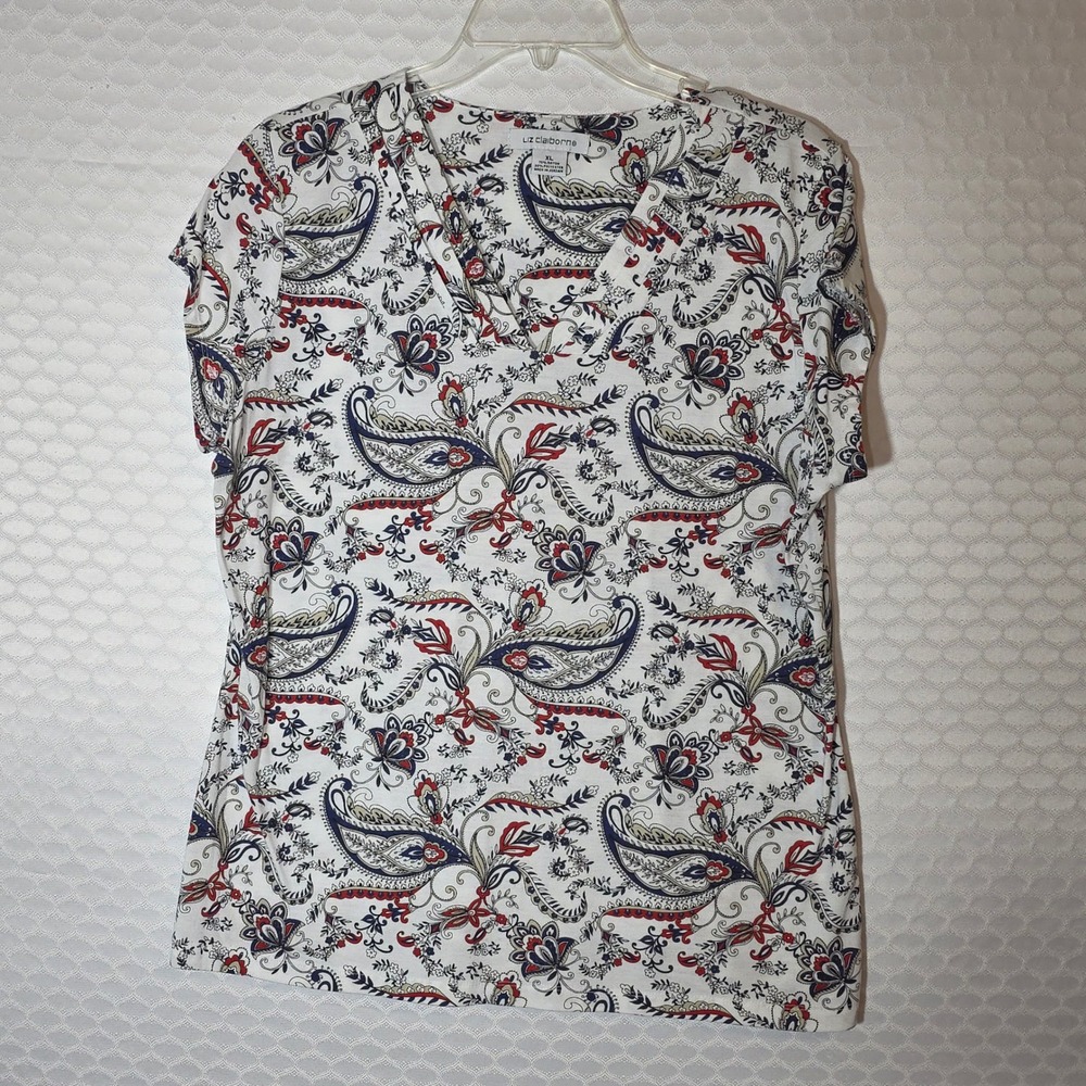 Liz Claiborne Womens XL Paisley V-Neck Pleated Short Sleeve Top Red Navy White